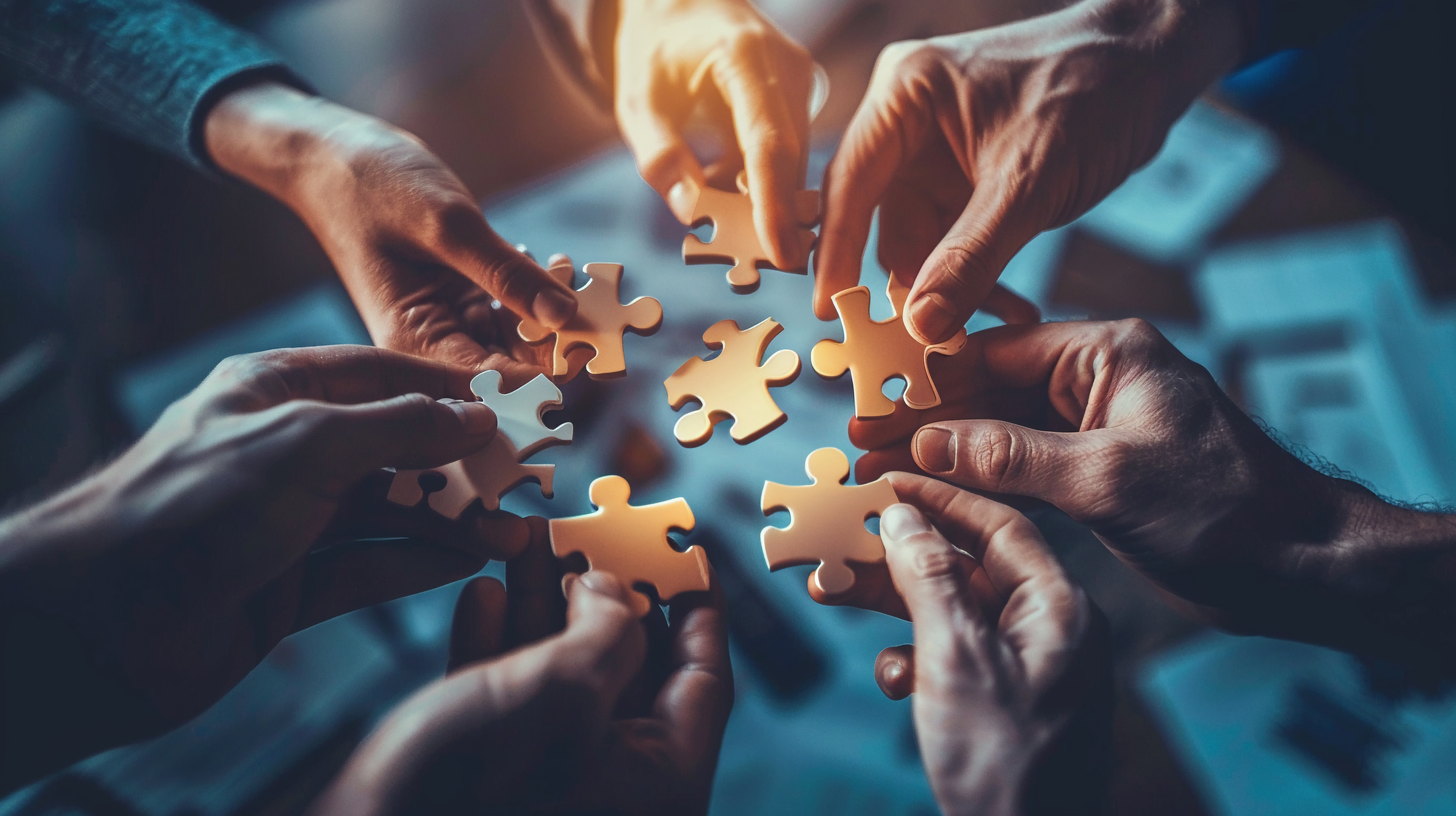 Hände halten Puzzleteile zusammen