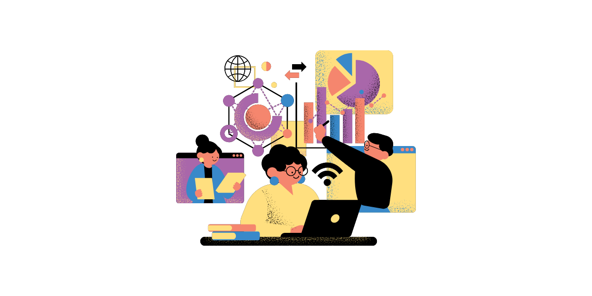 Grafik mit Menschen und IT Symbolen