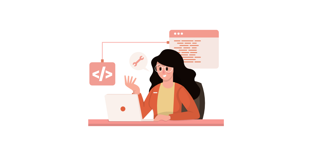 Illustration einer Frau vor einem Laptop