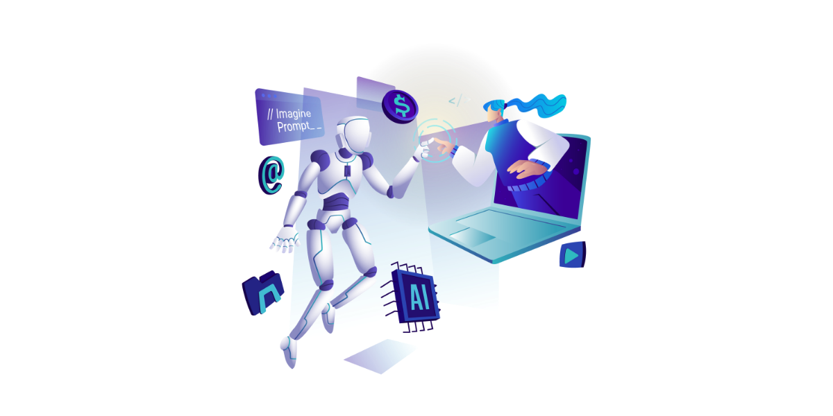 Grafik eines KI Roboters und eines Menschen der aus einem Laptopmonitor kommt