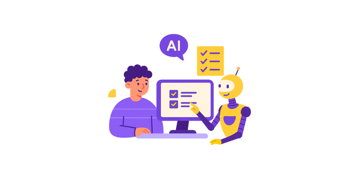 Grafik eines Roboters mit einem Menschen und einer Checkliste in einem PC-Monitor