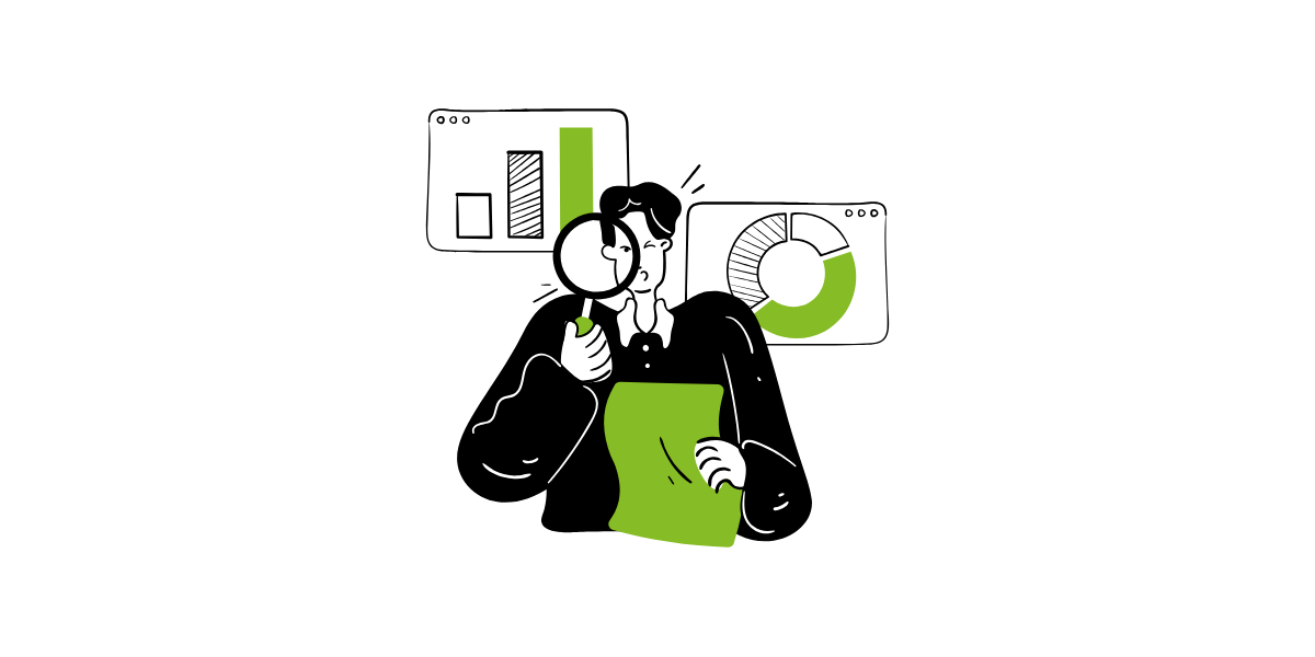 Grafik einer Person mit Lupe vor Daten Dashboards