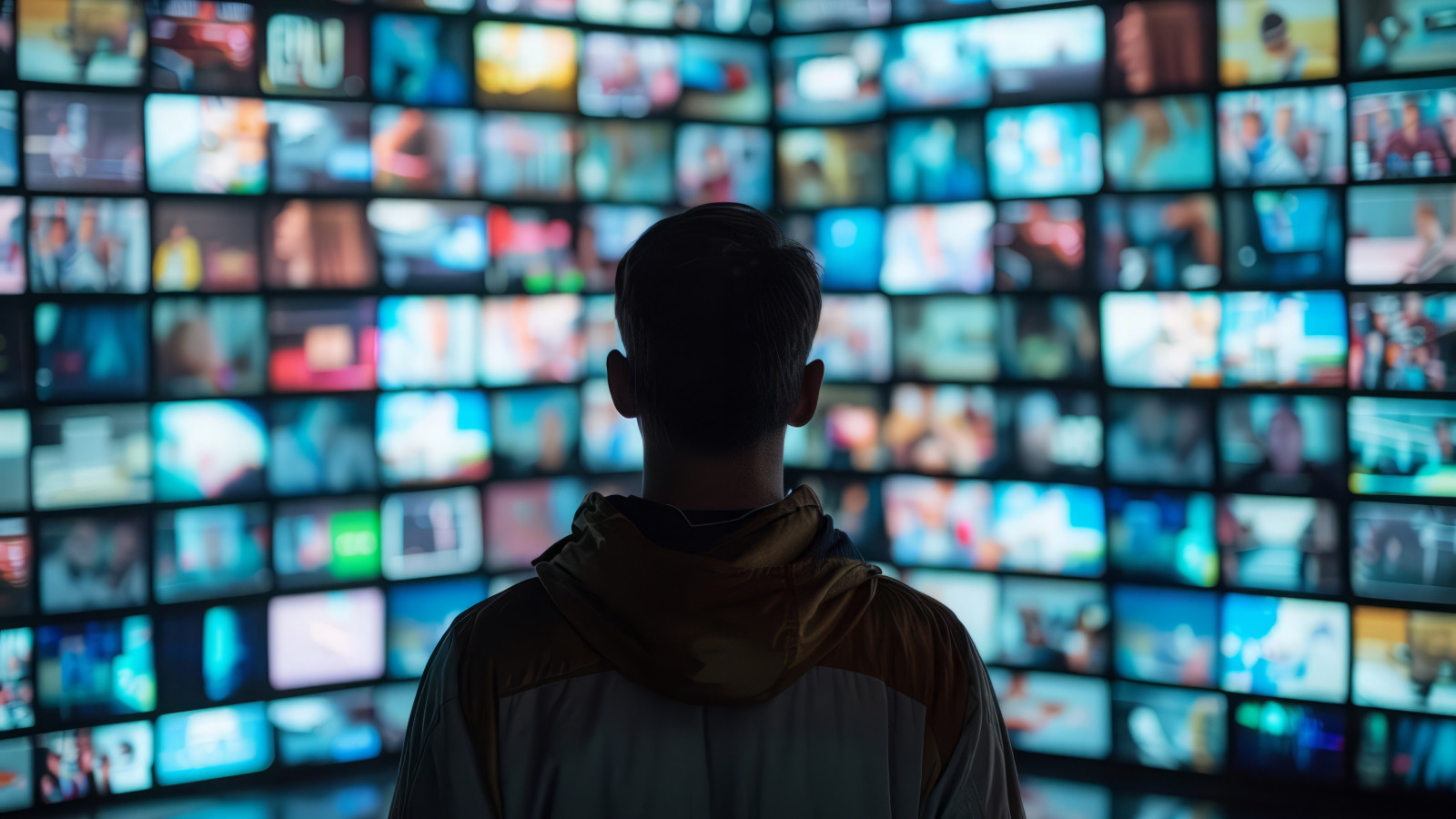 Person vor vielen Monitoren