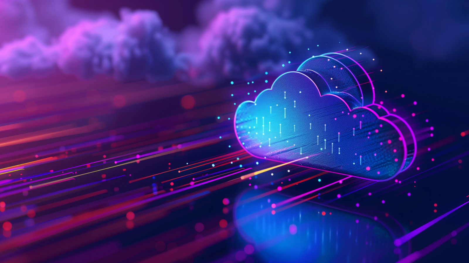 Leuchtende Cloud-Illustration über digitale Datenströme in Blau- und Violetttönen.