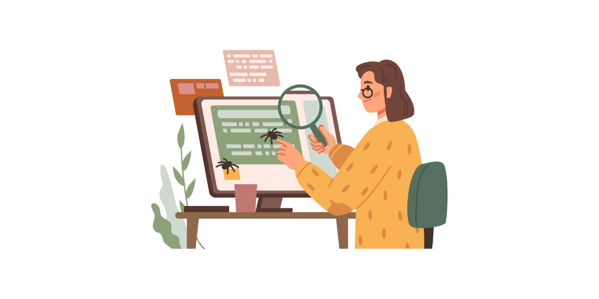 Grafik einer Frau vor einem PC mit einer Lupe in der Hand