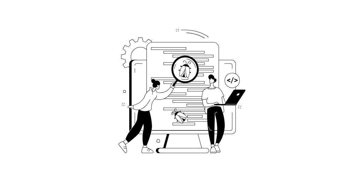 Grafik zweier Persone vor einem PC Monitor mit Code