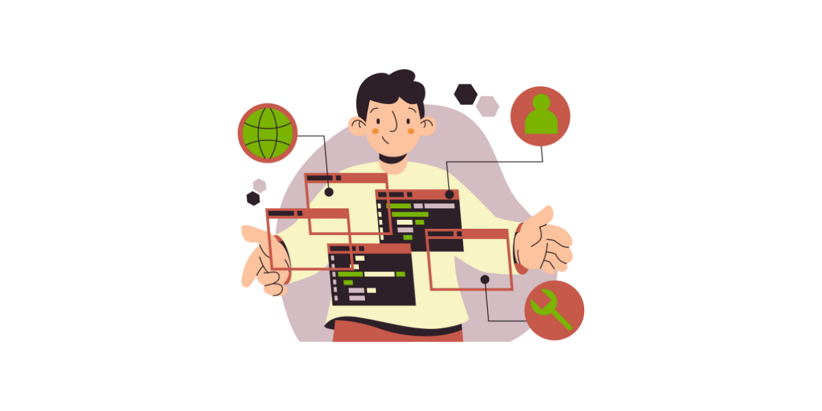 Grafik einer Person mit Code Fenstern vor sich