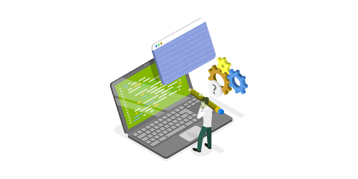 Grafik eines Mannes mit einem Stift vor einem überdimensionierten Laptop mit Code Illustrationen