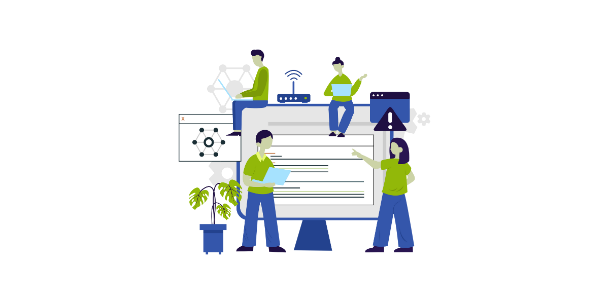 Grafik meherer Personen bei der Wartung einer Software