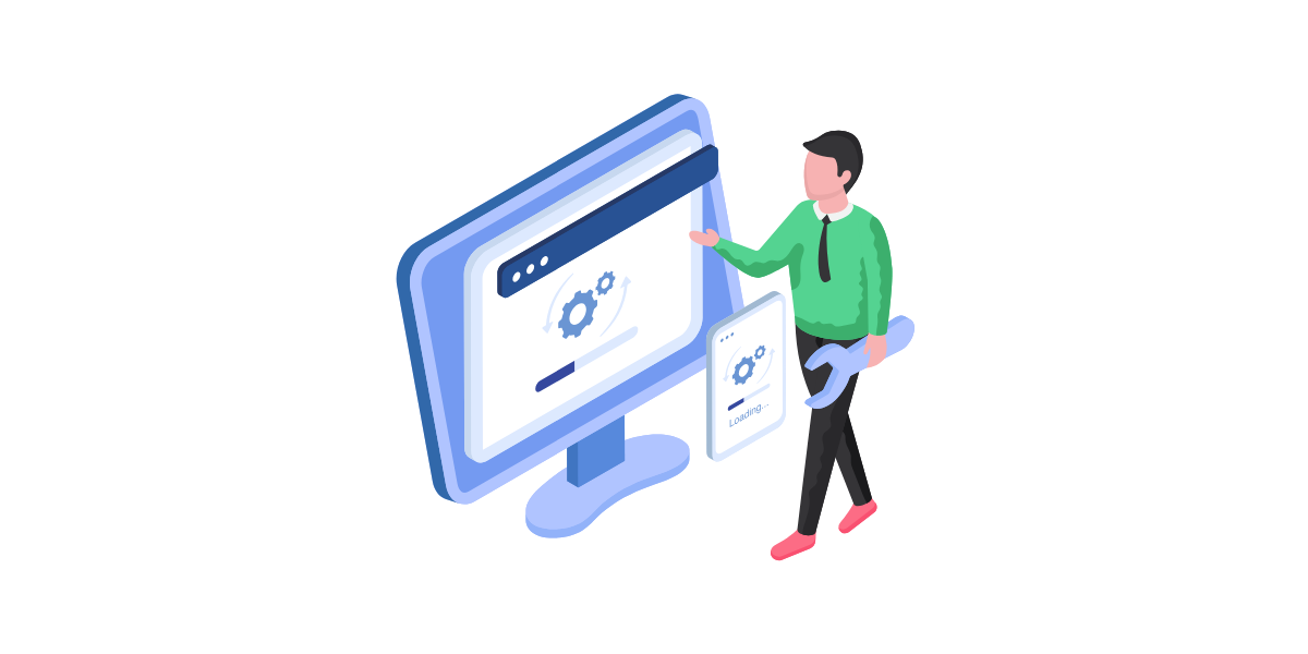 Grafik eines Mannes mit einem Schraubenschlüssel vor einem PC Monitor