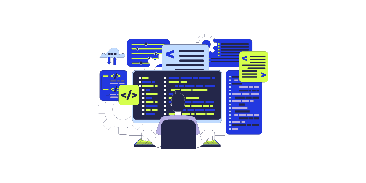 Grafik Person vor Computer mit diverse Code Illustrationen