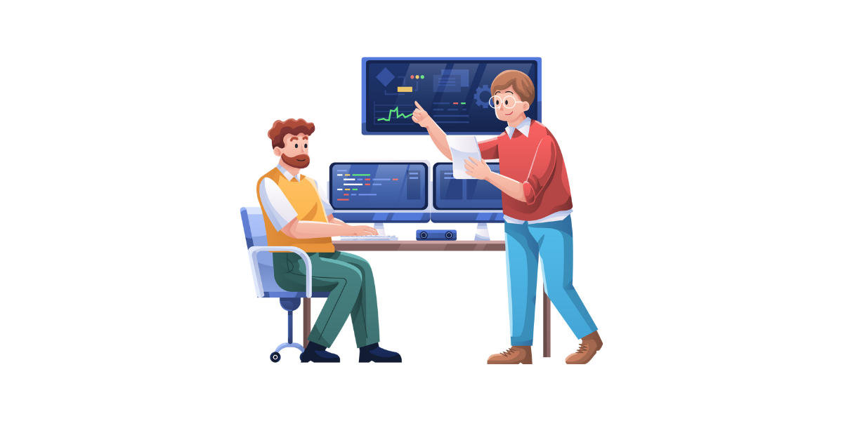 Grafik zweier Personen vor PC Monitoren mit Code