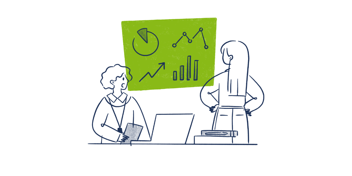 Illustration mit Personen vor einem Data Dashboard