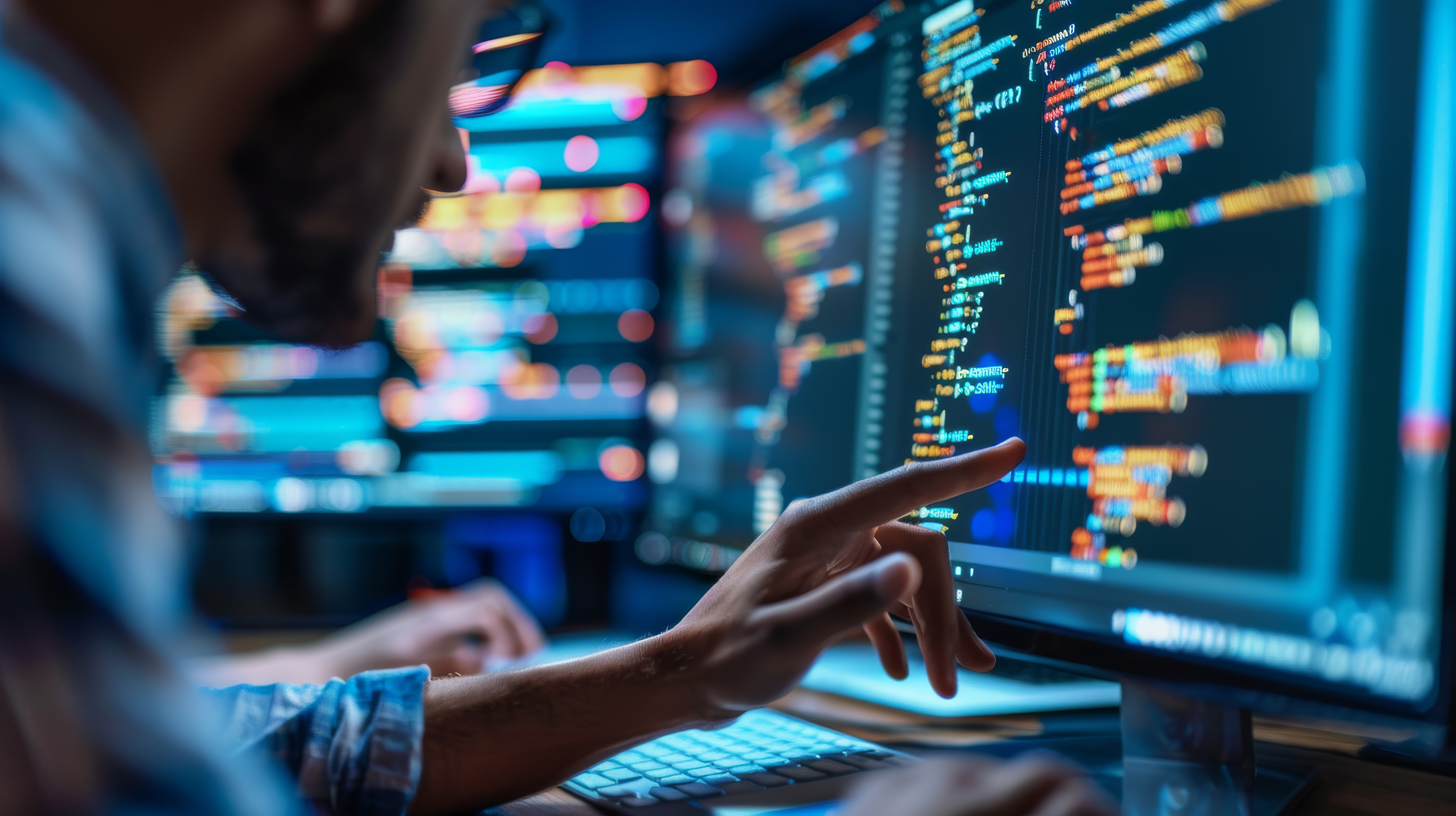 Mann vor einem Monitor auf dem Code zu sehen ist