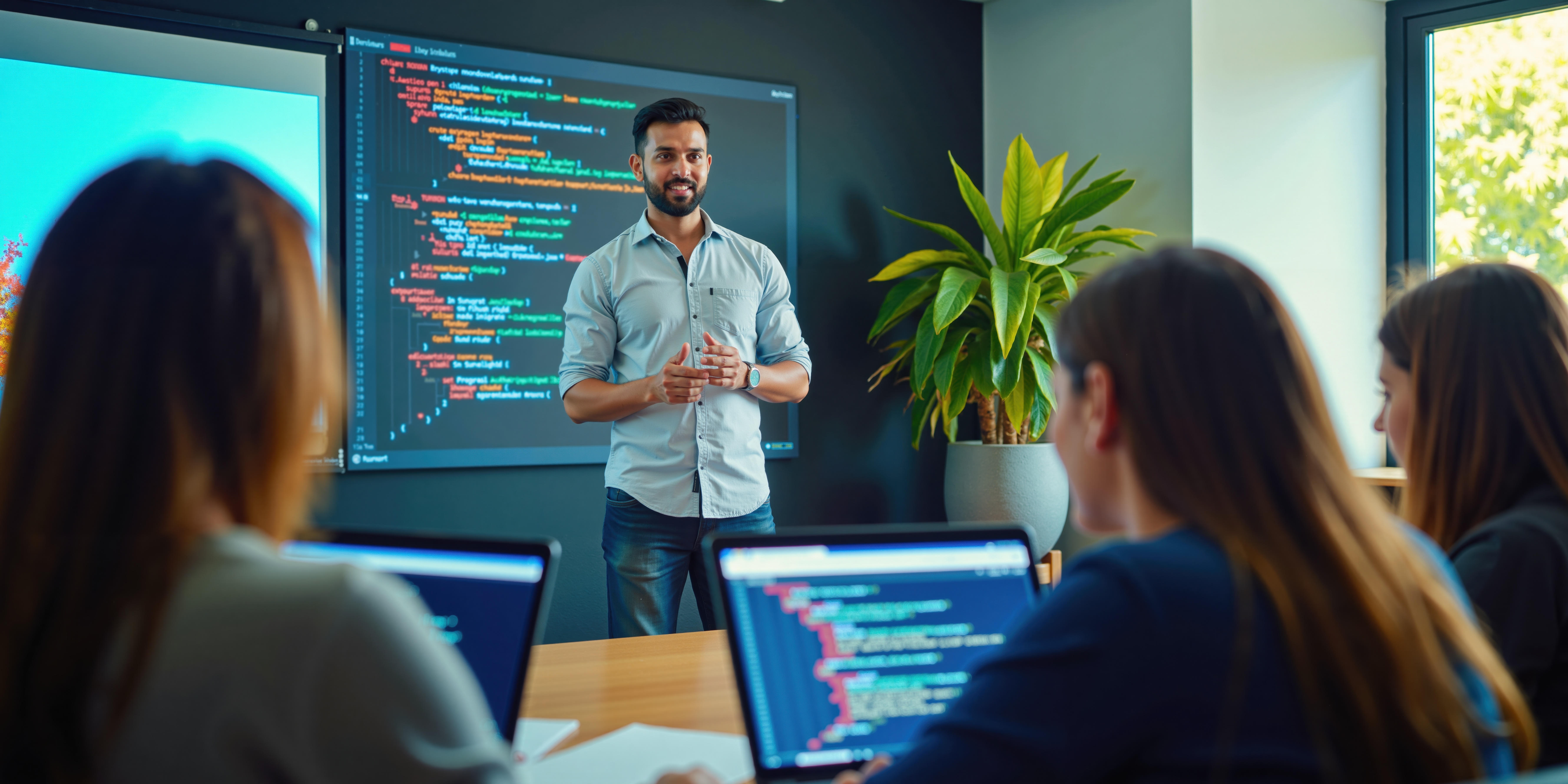 Mann präsentiert Software Code