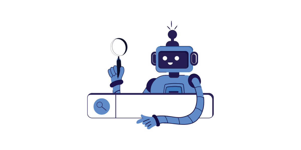 Roboter mit einer Suchleiste und Lupe