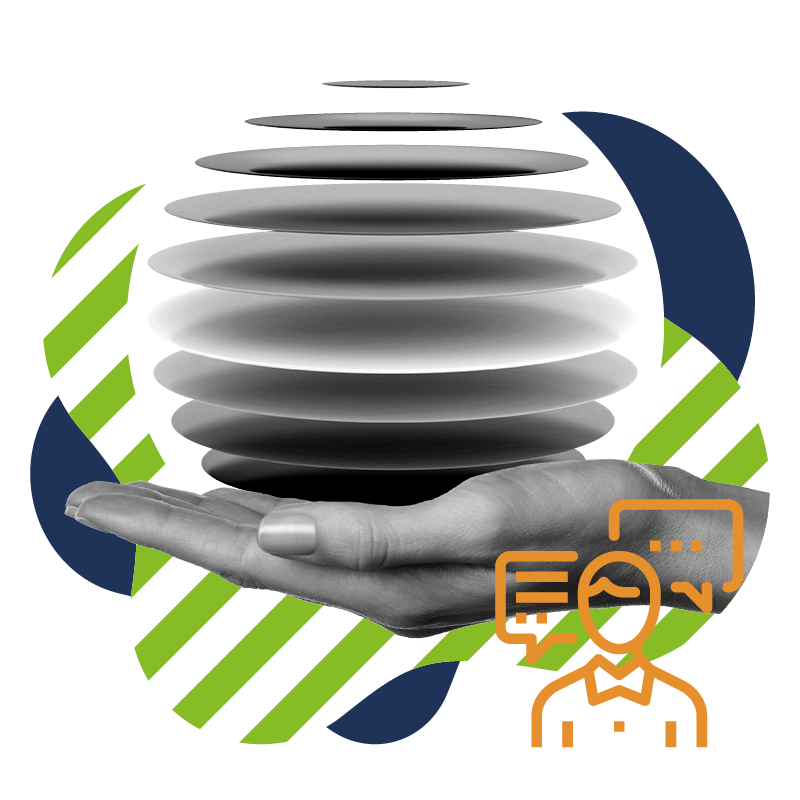 Eine schwarz-weiße Hand hält ein schwebendes Datenelement. Dahinter befinden sich grüne und blaue Formen. Davor befindet sich ein orangefarbenes Beratungs-Icon als Symbol für Business Consulting.