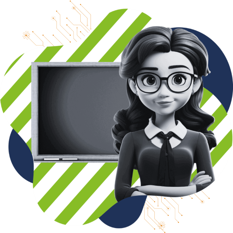 Illustration einer lächelnden Frau mit Brille vor einer Tafel