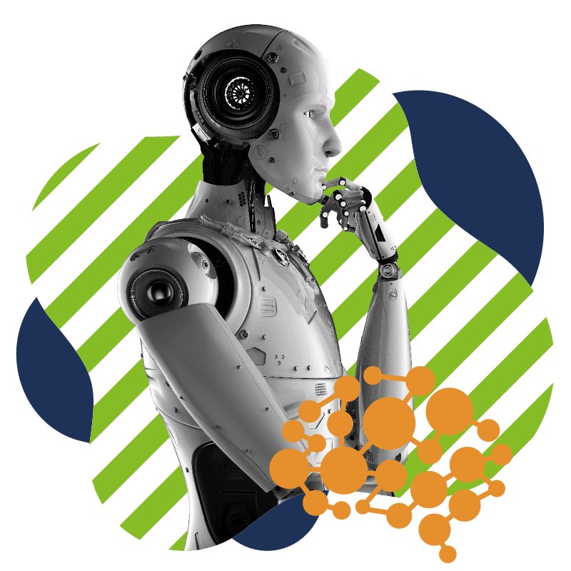 Ein Roboter fast sich mit der Hand denkend an sein Kinn. Im Hintergrund befinden sich grüne und blaue Formen.