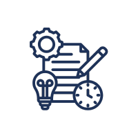 Ein Icon mit einem Dokument, einem Stift, einer Uhr, einem Zahnrad und einer Glühbirne als Symbol für Software-Dokumentation.